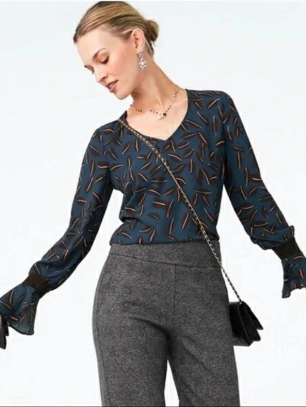 CAbi Shadow Leaf Blouse Style 3763 Teal Leaf Print Office Top Long Sleeve Medium